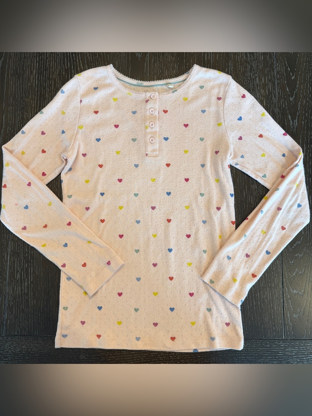 Mini Boden Girl’s 11-12 Lt Pink Heart Print‎ Pointelle Long Sleeve Henley Shirt